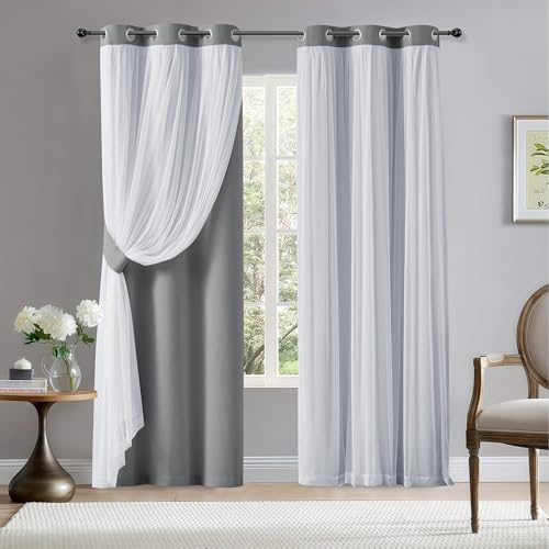Bonzer Double Layer Blackout Curtains with Sheer Overlay for Girls Bedroom - Mix & Match Window Drapes 84 Inches Long, Thermal Insulated Curtains for Girls Bedroom, 2 Panels with Tiebacks, Cloud Grey