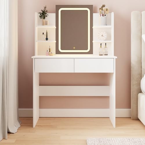 GFW Sadie Dressing Table with LED Mirror & Storage, White Vanity Desk with Touch Control Lighting & Drawers