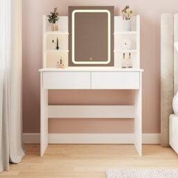 GFW Sadie Dressing Table with LED Mirror & Storage, White Vanity Desk with Touch Control Lighting & Drawers