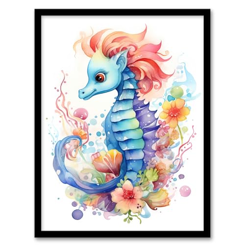 Artery8 Cute Seahorse Watercolour Artwork Fun Kids Bedroom Nursery Artwork Framed Wall Art Print A4