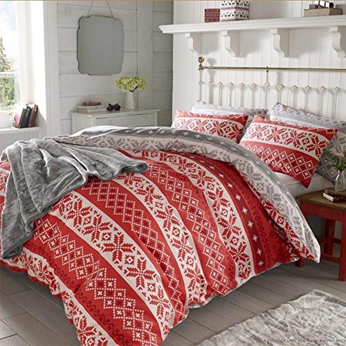 Dreamscene Christmas Nordic Duvet Cover with Pillowcase Snowflake Bedding Set - Red Grey, Double