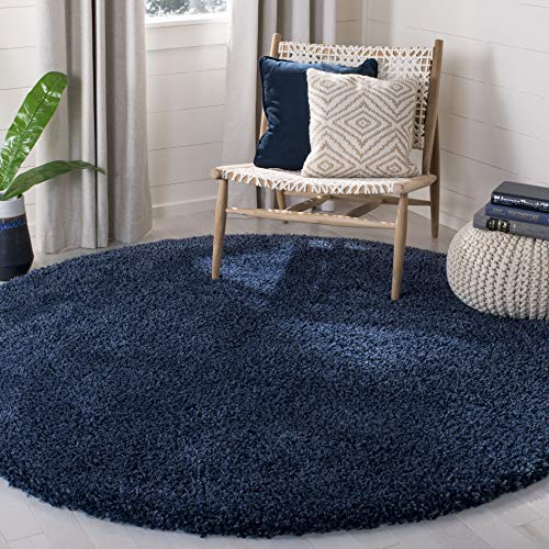 Safavieh Shaggy Indoor Woven Round Area Rug, California Shag Collection, SG151, in Navy, 122 X 122 cm for Living Room, Bedroom or Any Indoor Space