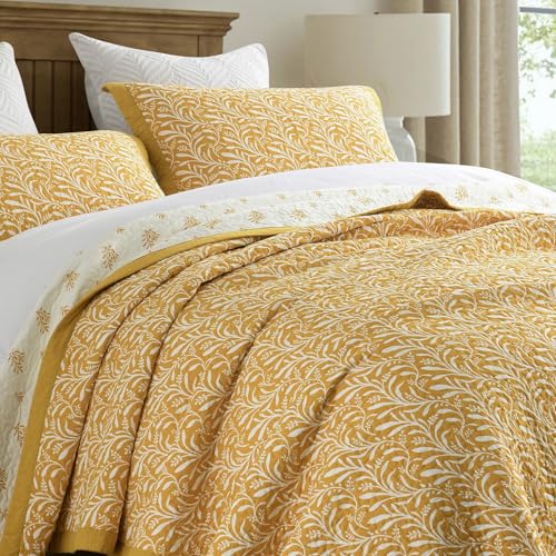 Finlonte Cotton Quilts Queen Size - 100% Cotton Queen Comforter Set, Botanical Quilt Bedding Set, Lightweight Reversible Soft Quilted Bedspread for Queen Bed, Gold/White, All Season, 3 Pcs