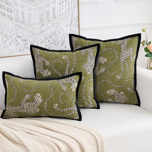 HERAYLI Premium Series, Snow Leopard Throw Pillow Covers, Animal Jacquard Cushion Cases for Home Decor, Chenille Velvet Double-Sided Designs, Dark Green, 20 x 20 inch, Covers Only