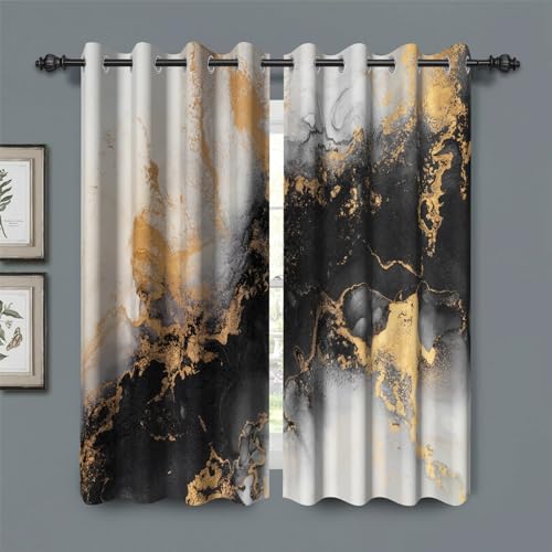 "Black Gray Gold Marble Blackout Curtains 45 inches Long,2 Panels 21""Wx45""L - Room Darkening Window Curtains,Polyester Thermal Insulated Drapes,Grommet Window Drapes,for Bedroom Living Room Dining Room"