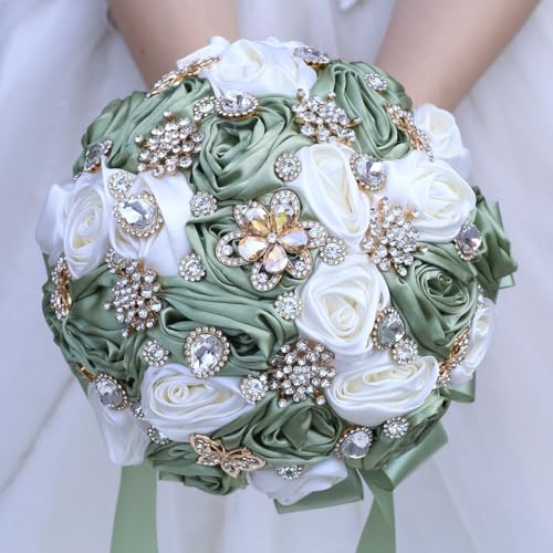 "Mhojpik 9.8"" Sage Green & Ivory Bridal Wedding Bouquet Round Bling Brooch Bouquet Throw Toss Artificial Rose Flower Bunch for Bride Bridesmaid Wedding Quinceanera"