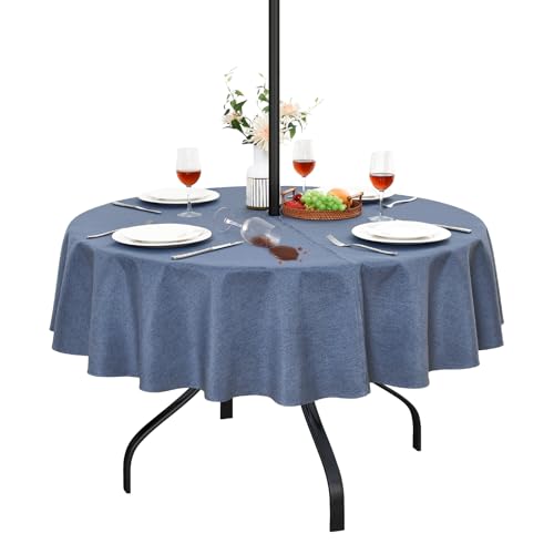 Wolkemer Water Resistant Outdoor Mist Blue Tablecloth with Umbrella Hole and Zipper, 60 inch Round Faux Linen Table Cloth Wipeable Patio Table Cover for Picnic Camping Party
