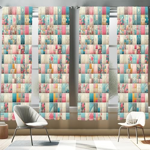 "Ambesonne Floral Window Curtains Pack of 2, Patchwork Like Squares with Flowers and Ethnic Folk Art Pattern Boho Colors, Lightweight Set with Rod Pocket, 4 Panels of - 28"" x 63"", Eggshell Pink Teal"