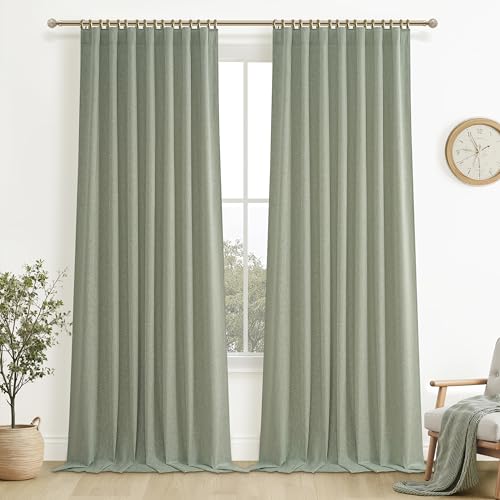 "Sage Green Blackout Linen Curtains 108 Inches Long for Living Room Bedroom, Pleated Window Track Curtain with Pin Hooks Belt Boho Light Green Drapes Thermal Insulated (50""Wx108""Lx2Panels) Back Tab"