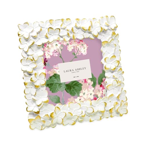 Laura Ashley 4x4 White & Gold Flower Textured Hand-Crafted Resin Picture Frame w/Easel & Hook for Tabletop & Wall Display, Decorative Floral Design Home D??cor, Photo Gallery, Art (4x4, White/Gold)