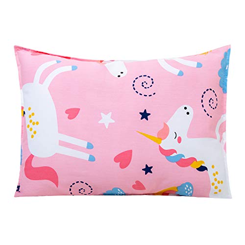 Kids Pillow and Pillowcase Set 14x19, Cottonblue Pink Unicorn Toddler Pillow Cotton Pillowcase, Girls Breathable Pillow with Pillow Cover for Kids Sleeping, Machine Washable