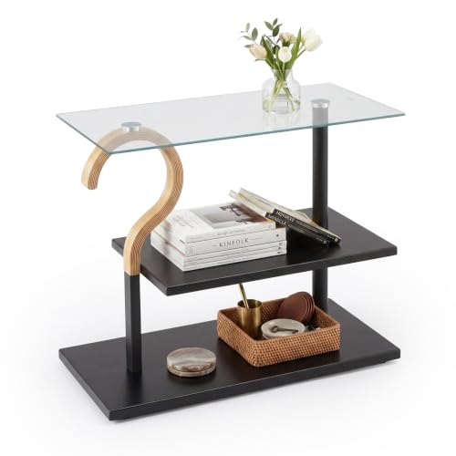 Relaxdays Side Table, 2 shelves, HxWxD: 50 x 60 x 30 cm, black/natural