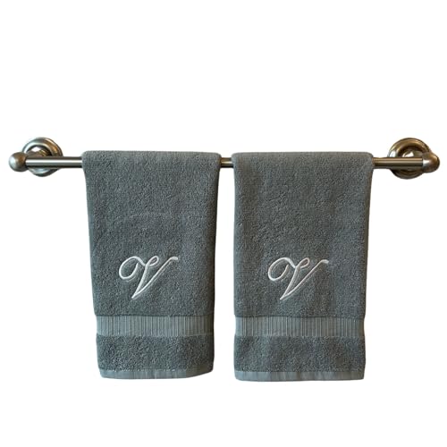 Gray Monogrammed Hand Towels for Bathroom - Luxury Hotel Quality Personalized Initial Embroidered Towel for Powder Room, Spa - GOTS Organic Certified - Set of 2 Silver Letter V