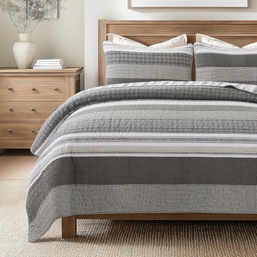 Soul & Lane - Madrona Cotton Quilt Set, Men's Bedding, King with 2 Shams - Masculine Comforter Set in Brown and Gray, Modern Striped Quilted Bedspread, Grey Pieced Coverlet, Contemporary Bedding