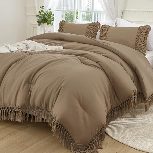 Andency Taupe Comforter Set King, 3 Pieces Boho Tassel Bedding - Lightweight Soft Comforter Sets(104x90In) and 2 Pillowcases, All-Season Fluffy Fringe