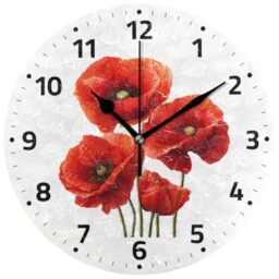 Wall Clock Red Poppy Flowers Round Clock Battery Operated Silent Non-Ticking Quartz Quiet Desk Clock for Bedrooms Kitchen Living Room Classroom Office 9.5 in