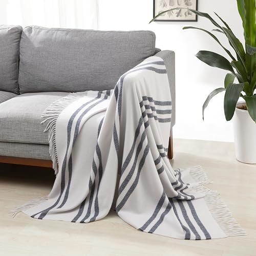 Amazon Basics Lightweight Recycled Polyester Sofa Throw Blanket, Bed Throw for Room Décor, 127 x 152 cm, Light Grey With Blue Stripes