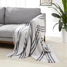 Amazon Basics Lightweight Recycled Polyester Sofa Throw Blanket, Bed Throw for Room Décor, 127 x 152 cm, Light Grey With Blue Stripes
