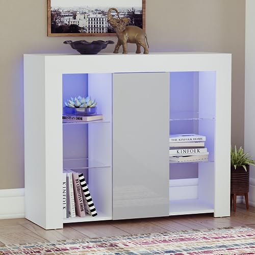 Vida Designs Large Azura 1 Door Modern LED Sideboard in White & Grey, RGB Lights (Fade/Strobe Options Included), High Gloss