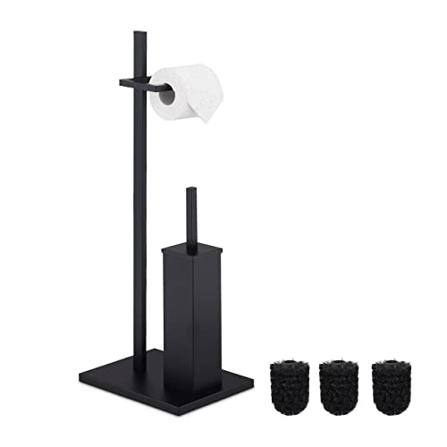 Relaxdays WC Accessory Set, Standing Toilet Paper & Brush Holder, incl. 3 Replacement Heads, 72.5 x 27.5 x 21.5cm, Black