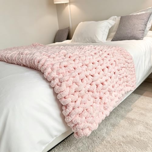 "Soft Chunky Knit Throw Blanket for Couch, Cozy Warm Knitted Blankets - Hand Knit with Jumbo Chenille, Lightweight Warm Fluffy Decor for Women, Mom, Her & Girls, Sofa, Chair, Bed, 40""??40"" (Pink)"