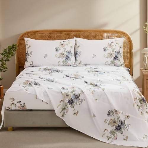 "Cozaline 100% Cotton Sheet Set King Size ??? 4-Piece Vintage Floral Chic Bedding Set, Soft Breathable Percale Weave, Deep Pocket Fitted Sheet 17.5"", Crisp Cool Feel, Refined Botanical Elegance"