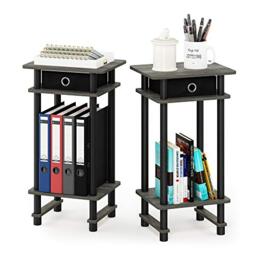 Furinno TURN-N-TUBE Side Table Set of 2, 3-Tier End Table with Storage Bin, Open Shelf Night Stand, Bedside Table, for Living Room, Bedroom, French Oak