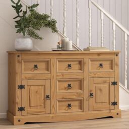 Corona Sideboard 5 Drawer 2 Door Large Cupboard Wide Mexican Solid Pine Wood with Wax Finish and Black Metal Hardware 76cm H x 125cm W x 40cm D