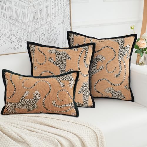 HERAYLI Premium Series, Snow Leopard Throw Pillow Covers, Animal Jacquard Cushion Cases for Home Decor, Chenille Velvet Double-Sided Designs, Brown Yellow, 12 x 20 inch, Covers Only