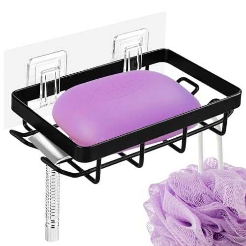 Soap Dish, Soap Holder with 4 Hooks, Adhesive Wall Mount Soap Tray, Rustproof Stainless Steel Soap Dish for Shower Bathroom Kitchen, Black