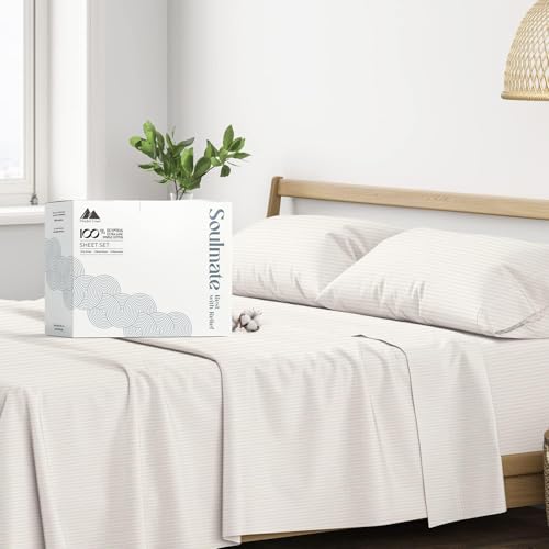 "Mayfair Linen Sheets 100% Egyptian Cotton King Size - Luxury 500 Series King Size Sheets Set (4 PC, Beige - Stripe), Silky Soft, Cooling 16"" Deep Pocket Hotel Quality Bed Sheet - Soulmate Collection"