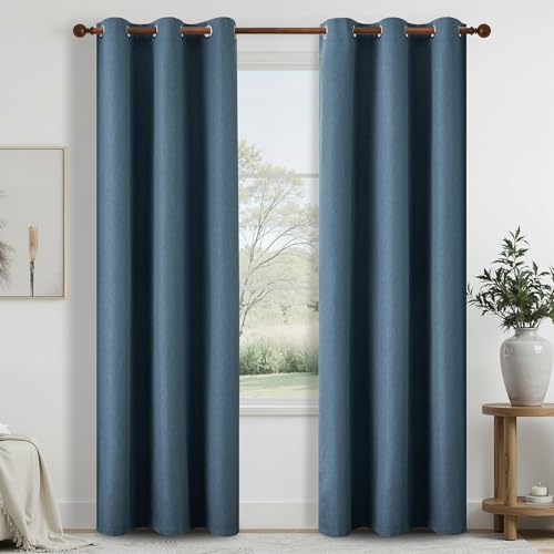 DONREN Total Blackout Linen Curtains 90 Inch Length for Bedroom Living Room, Farmhouse 100% Black Out Thermal Insulated Privacy Lightweight Grommet Curtain Panels, Denim Blue, W37 x L90, 2 Panels