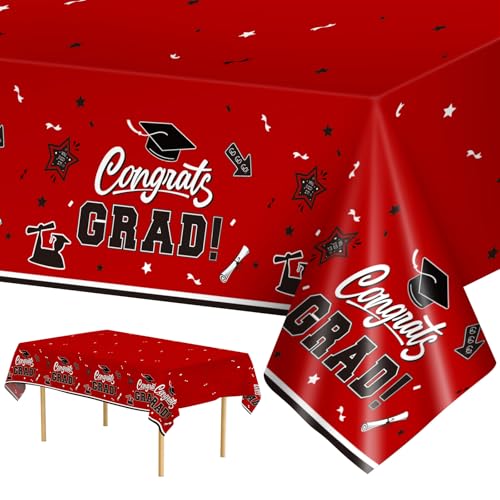 2 Pack Graduation Tablecloth - Congrats Grad Table Cloths, Plastic Disposable Rectangle Red Class of 2026 Table Cover for Graduation Tables Decorations Party Decor Supplies Favors,108 x 54 Inch
