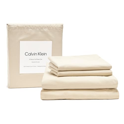 Calvin Klein - Full Bed Sheets, Relaxed Garment Washed Cotton Percale Bedding Set with Matching Pillowcases, Deep Pockets, Oeko-Tex Certified (Washed Percale Green)
