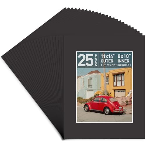 Golden State Art, Acid Free, Pack of 25 11x14 Black Picture Mats Mattes with White Core Bevel Cut for 8x10 Photo