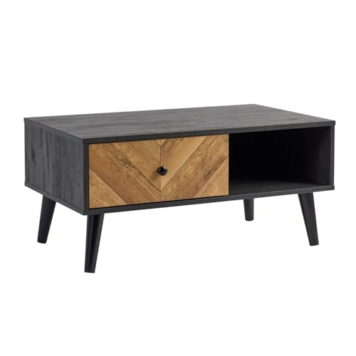 Home Source Coffee Table, 1 Drawer Storage, Natural Wood Effect Finish, 85cm