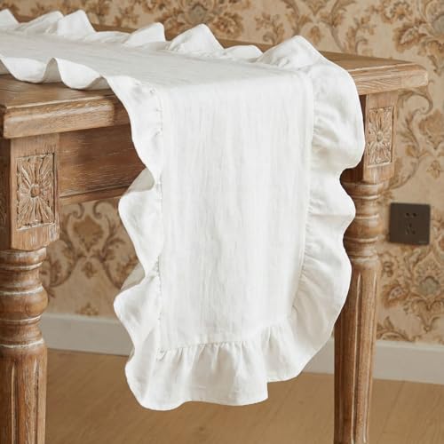 HunnmingRe Ruffled Table Runner 72 inch Scalloped Tablecloth Cotton Flounces Washable Farmhouse Rustic Home Kitchen Decoration for Rectangle Table Thanksgiving Christmas Party Wedding (White)