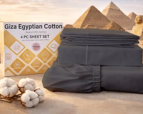MyGiza Sheets, 100% Certified Giza Egyptian Cotton Double Bed Sheets Set - Queen Size Giza Cotton Sheets to Fit Upto 18 Inches Deep Mattress (4 Pcs) Slate Grey