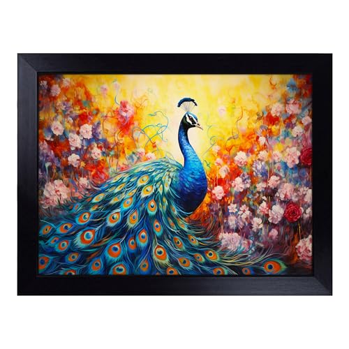 Lap Tray with Bean Bag Cushion, Peacock Action - Handmade in the UK, Raised Wooden Edge, Padded Cushion, Heat-Resistant Wipe-Clean Surface, for Meals, Laptops and Crafts