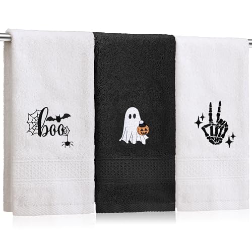SmoothNovelty 3 Pcs Halloween Hand Towels for Bathroom, Boo Ghost Black White Embroidered Towels Farmhouse Decorative 13.78 x 29.53 Inch Absorbent Soft Cotton for Kitchen Dish Fast Drying Gift