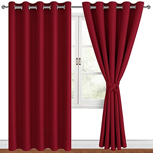 Hiasan Blackout Curtains for Bedroom, 60 x 84 Inches Long - Thermal Insulated & Light Blocking Window Curtains for Living Room/Kids Room, 2 Drape Panels Sewn with Tiebacks, Christmas Red
