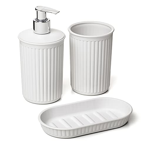 TATAY Baobab 3-Piece Countertop Bathroom Set, Plastic Material, BPA Free - Ref. 6391001 - Soap Dish - Tumbler Included - Soap Dispenser - Easy Surface Cleaning - Designed for Daily Use, Pergamon White
