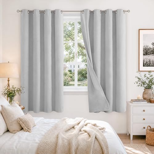 BGment Silver Grey Blackout Curtains for Bedroom 63 Inch Long - Linen Textured Thermal Insulated Light Blocking Lightweight Bronze Grommet Window Drapes for Kids Living Room, 2 Panels, 52 x 63 Inch