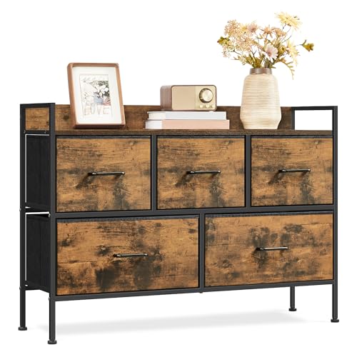 SONGMICS Chest of Drawers for Bedroom, 5 Fabric Drawers with Handles, Storage Organiser Unit, for Living Room, Hallway, Steel Frame, Rustic Brown and Ink Black LTS135B01