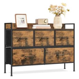 SONGMICS Chest of Drawers, Bedroom Cabinet, 5 Fabric Drawers with Handles, Metal Frame, Rustic Brown and Ink Black BELLAH Collection LTS135BH01