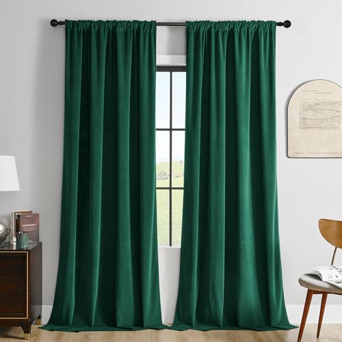 Joydeco Dark Green Velvet Curtains 96 inch Length 2 Panels Burg Set, Luxury Rod Pocket Thermal Insulated Window Blackout Curtain, Room Darkening Drapes for Living Dining Room Bedroom Privacy