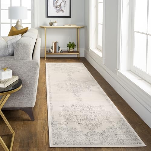 Livabliss Ceren Roma Vintage Runner 80x220 cm, Hallway & Living Room, Scandi Neutral, Traditional Boho Pattern, Easy Care Pile, Ivory Grey