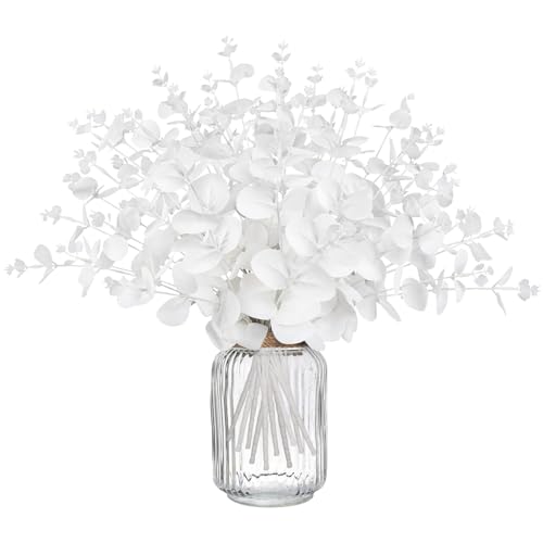 Yen Jean 14PCS White Eucalyptus Artificial Faux Flowers for Decoration - Fake Silk Stems in Vase Christmas Holiday Winter Wedding Home Decor