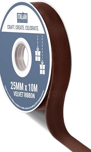 Italian Options Velvet Ribbon, Luxury, Single-Face Velvet Ribbon for Crafting, Christmas, Bows, Hair, Cakes, Weddings, Ornaments, Gift Wrapping, Flowers, 25mm x 10 Metre Roll, Dark Brown