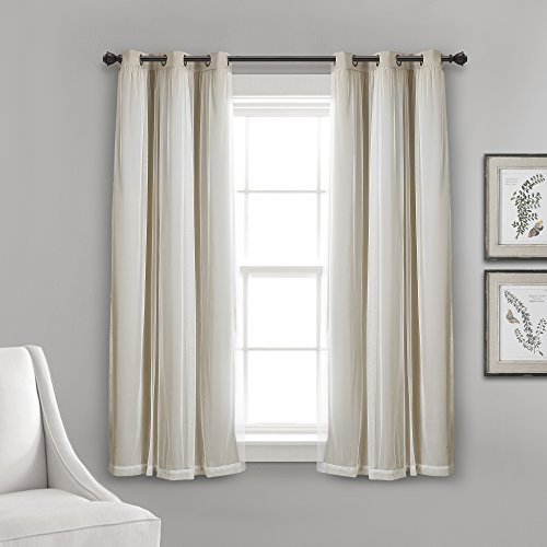 "Lush Decor Sheer Grommet Curtains With Insulated Blackout Lining, Window Curtain Panels, Pair, 38"" W x 63"" L, Wheat - Curtain With Sheer Overlay, Elegant Blackout Curtains for Bedroom"